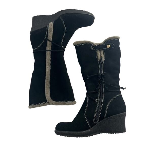 BARETRAPS Mid Calf Black Suede Wedge Fur Lined Boot Women's 8.5 - Picture 1 of 12